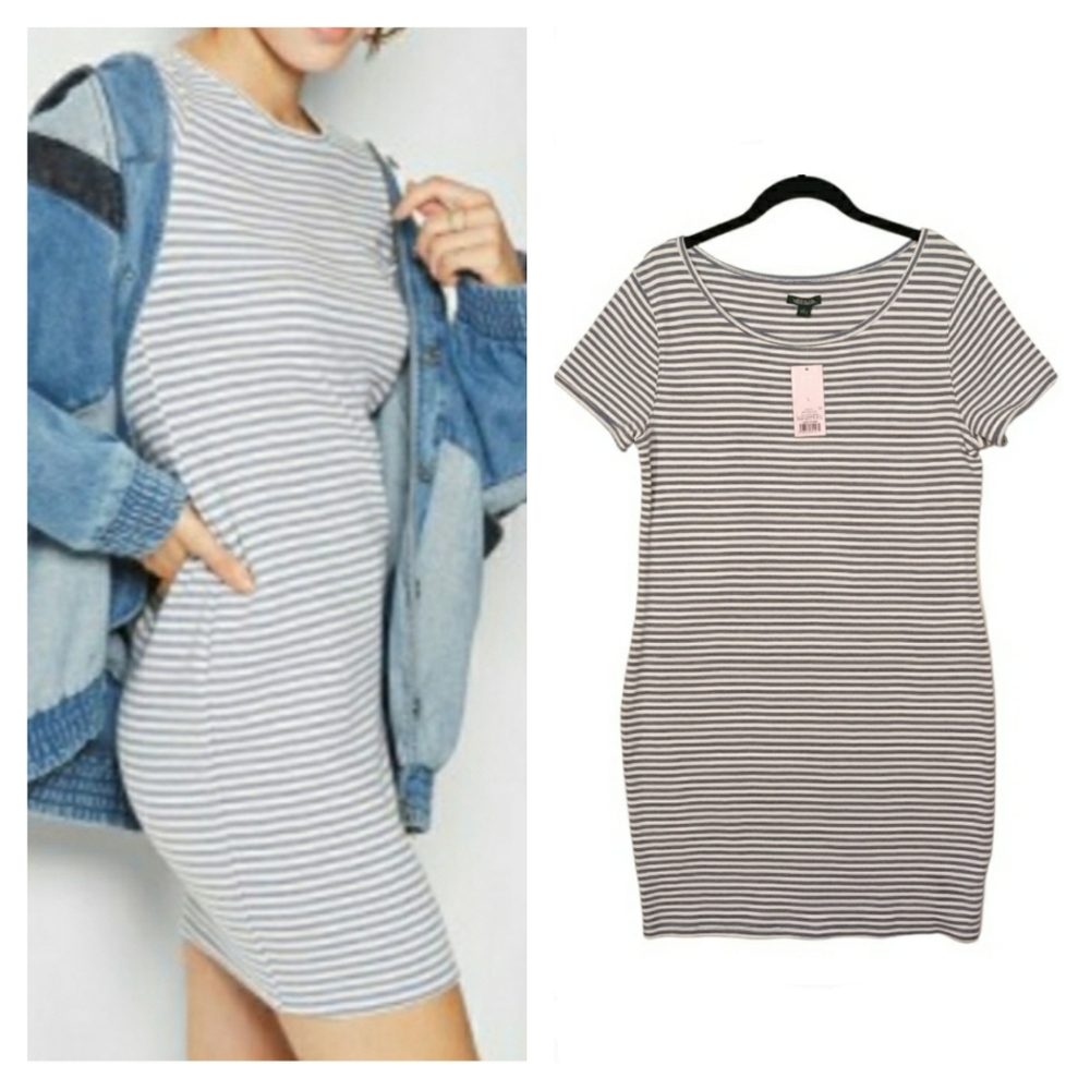 WILD FABLE Gray White Stripe Print Stretchy Short Sleeve Large Dress NWT
